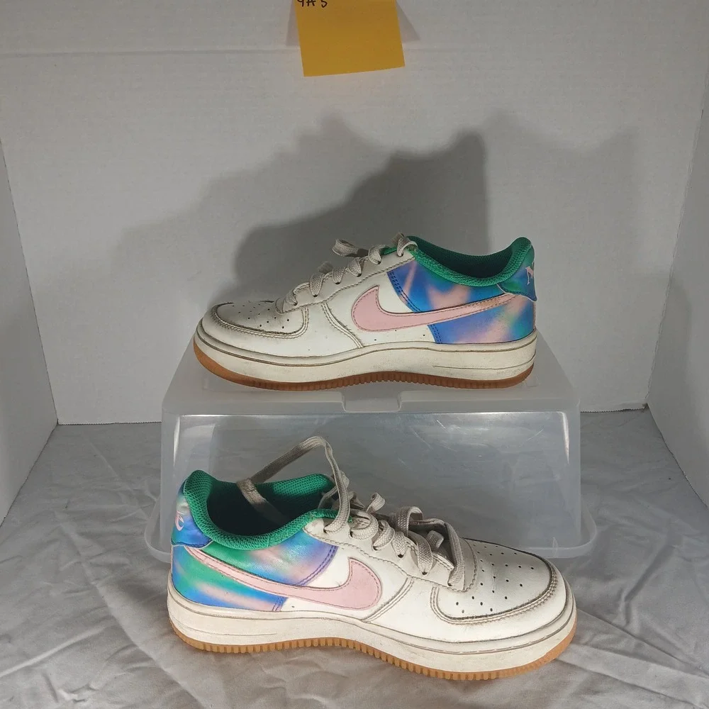 Nike Air‎ Force 1 Low Youth GS White Green Pink Iridescent Swoosh Shoes 4.5Y